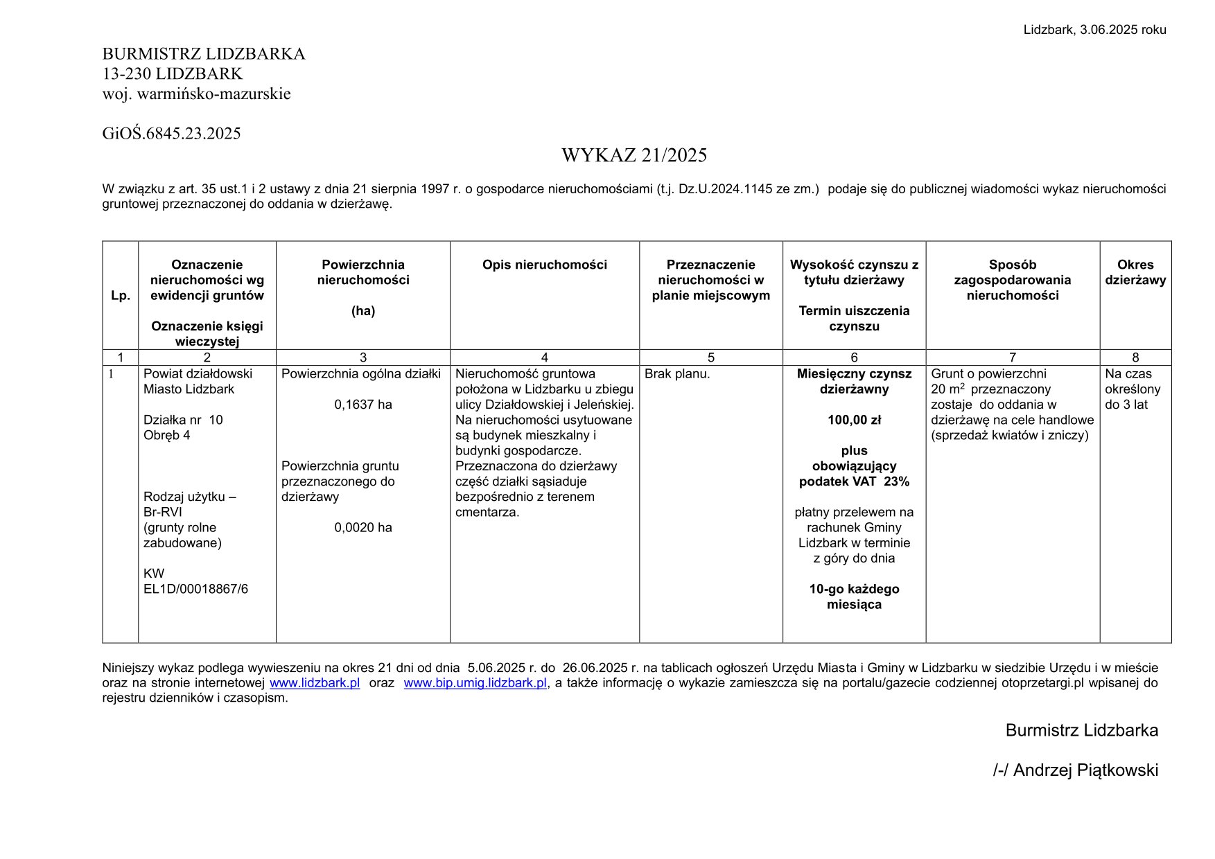 Wykaz Nr 21/2025 - Nieruchomość gruntowa do dzierżawy - obr. 4 m. Lidzbark dz. nr 10